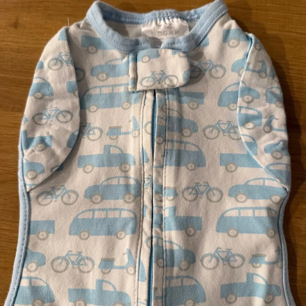 Woombie Transitional Swaddle 0-3 Months Blue White Truck Bicycle Sleep Sack